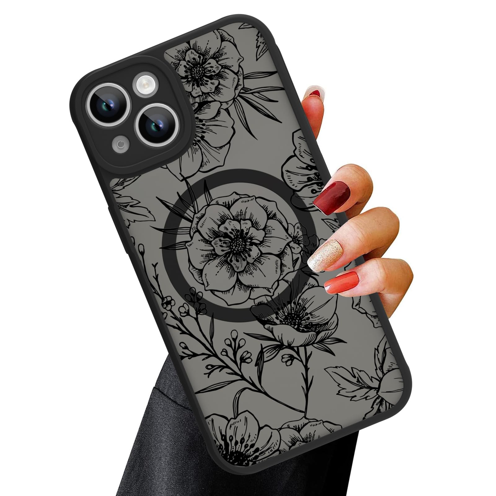 OOK Magnetic for iPhone 13 Case Black Flower Floral Pattern [Compatible with MagSafe] Slim Translucent Matte Camera Lens Protection Case for iPhone 13
