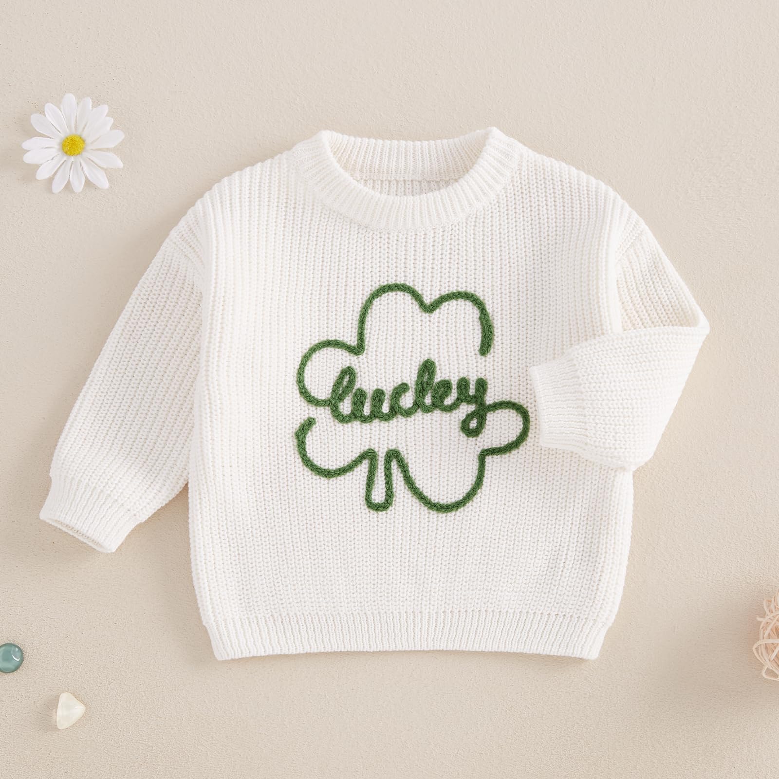 GINEVSAL Baby Boy Girls St. Patricks Day Outfit Unisex Four-Leaf Clover O-Neck Long Sleeve Sweater Shirt Pullover Sweatshirt (White, 9-12 Months)