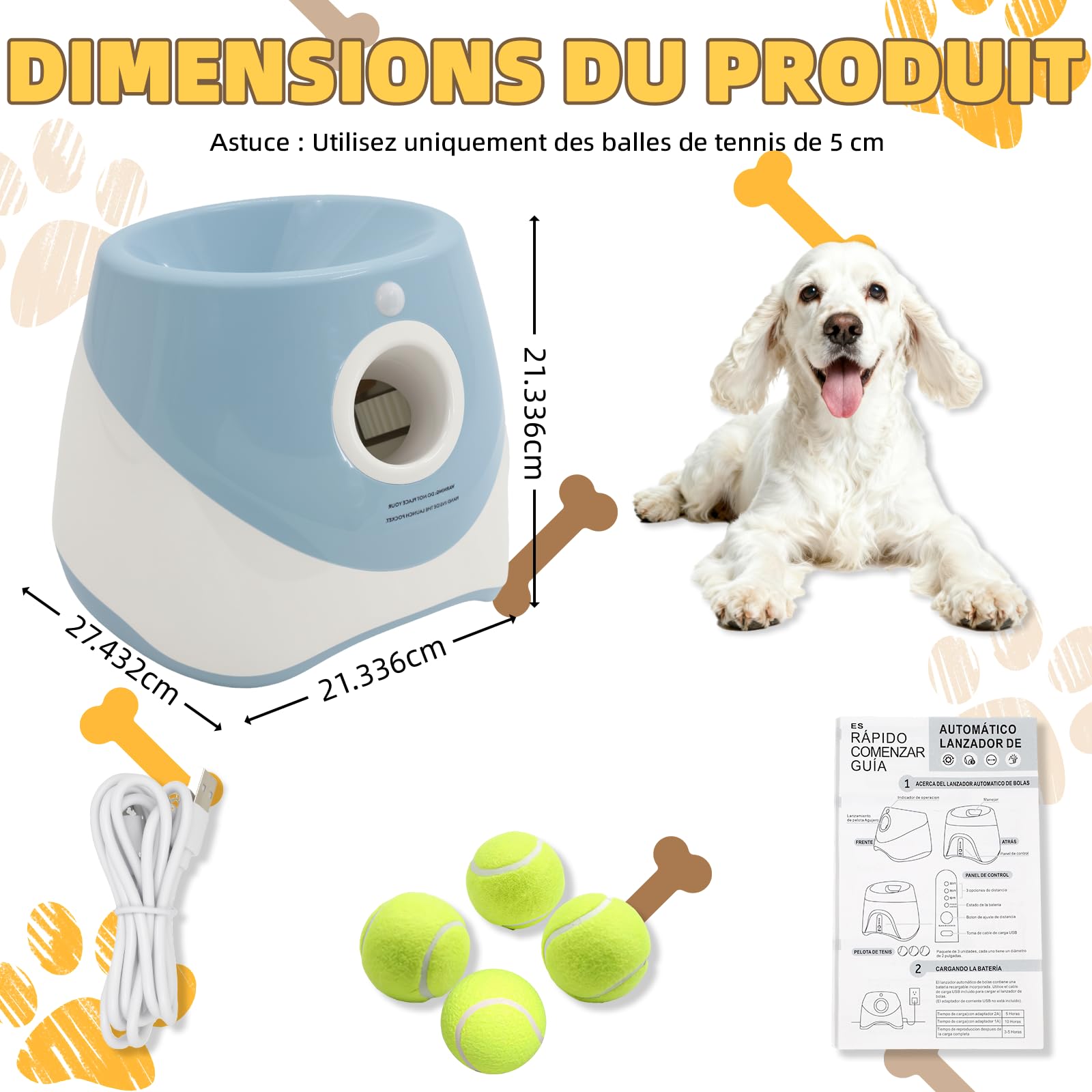 Machine à lancer de balles pour chien avec 6 balles de tennis, jouet électrique interactif pour petits chiens, pour l'intérieur et l'extérieur