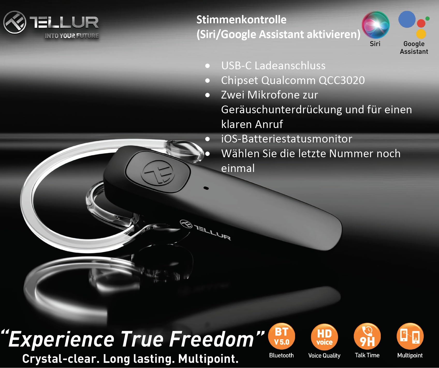 TELLUR VOX 155 Headset Bluetooth Handy, Headset für Handys USB-C, Multipoint-Zwei verbundene Geräte gleichzeitig, 360° Drehung des rechten oder linken Ohrs, IOS, Android und Computer