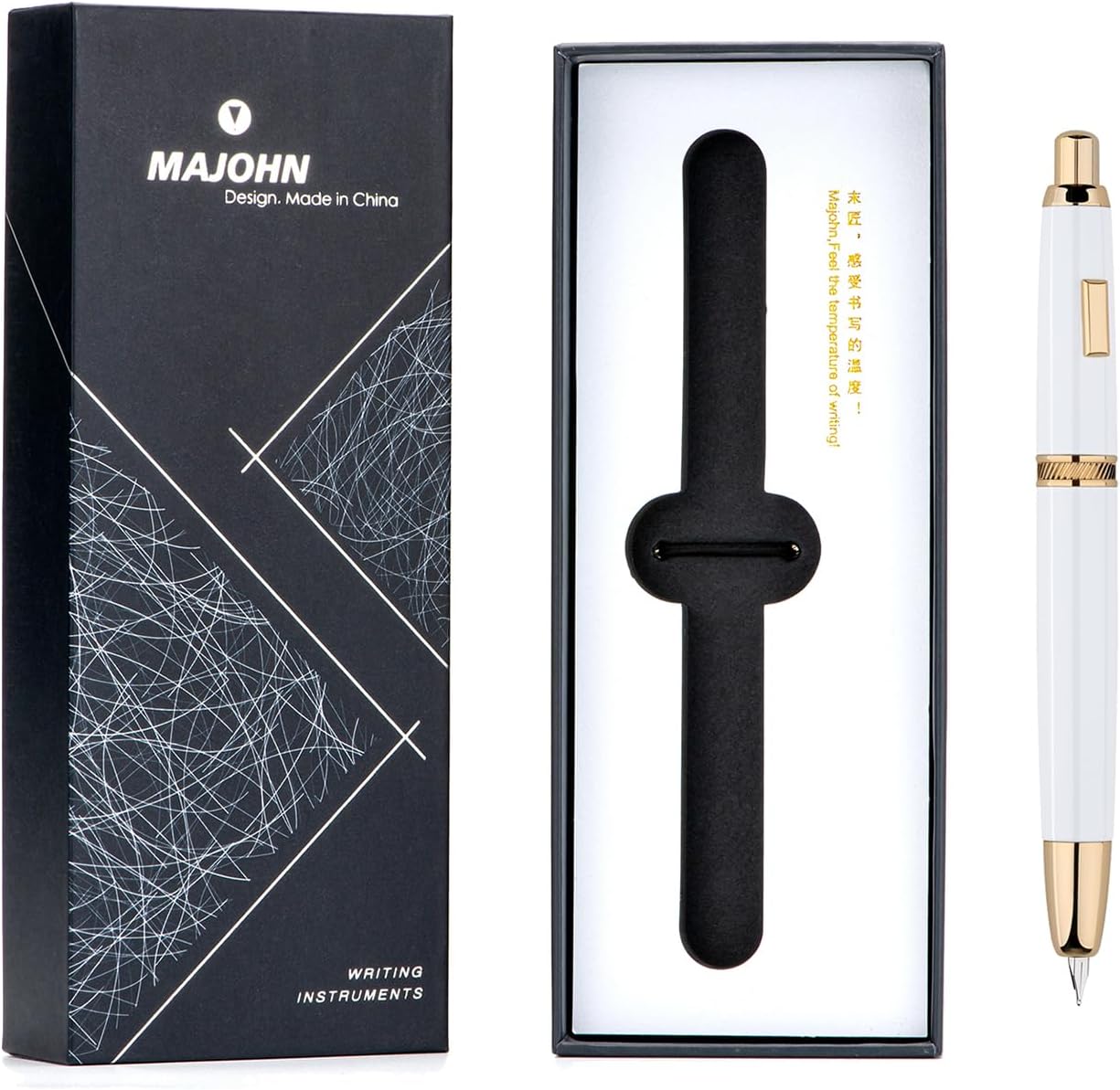 Majohn A1 Press Fountain Pen Fine Nib with Converter, Retractable White Golden Writing Set (No Clip Version)