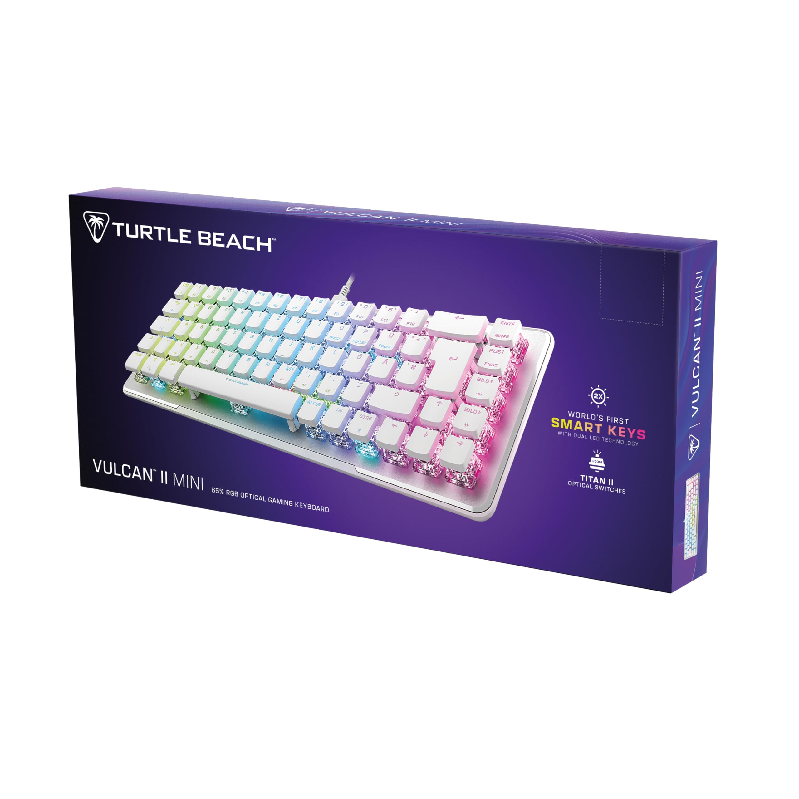 Turtle Beach Vulcan II Mini – 65% optyczno-mechaniczna klawiatura gamingowa z regulowanym oświetleniem RGB, technologia duplikatora klawiszy, płyta aluminiowa, biała