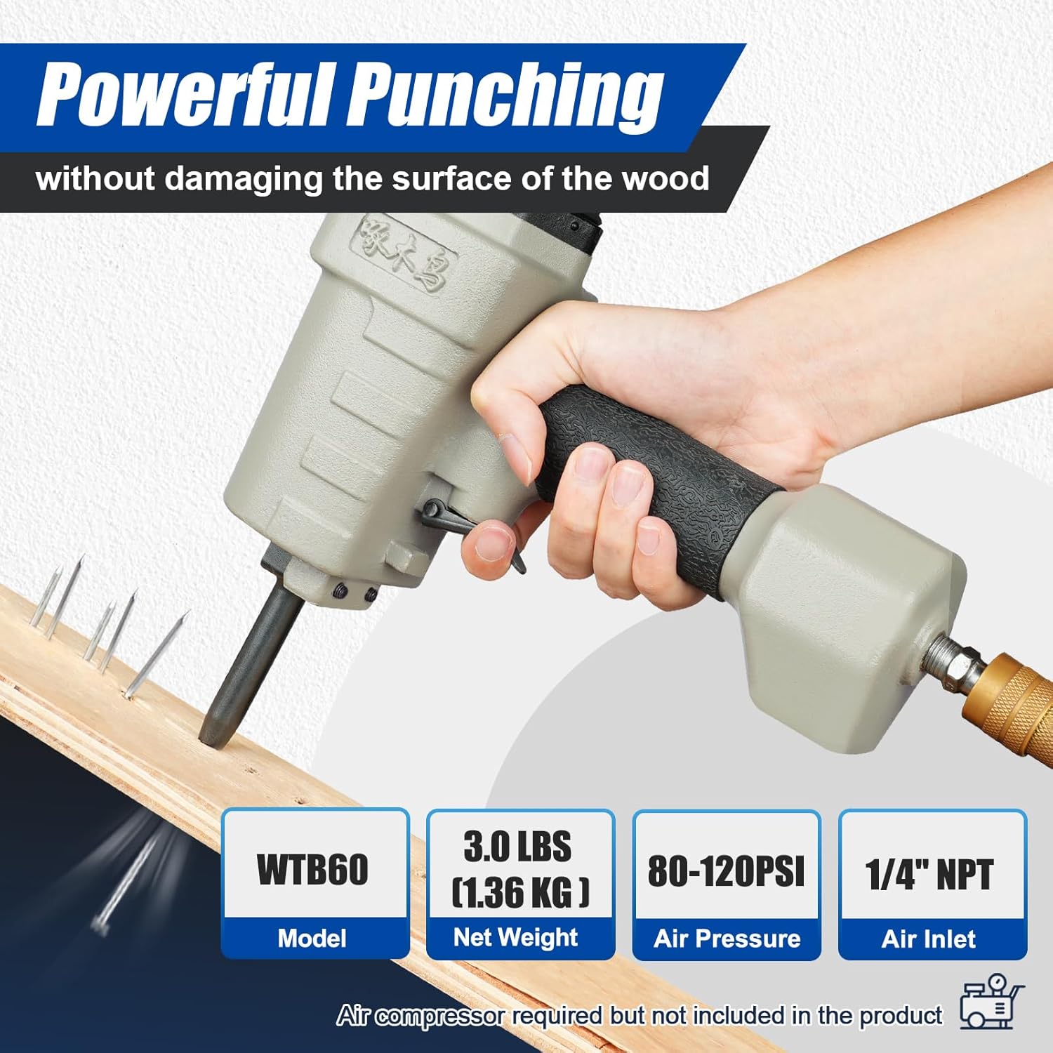WOODPECKER WTB60 Professional Pneumatic Nail Remover Gun, Air Nails Puller,Nails Puncher for Denailing & Recycling, Pneumatic Nails Puller Removes Nails Range Less Than 0.19'' (5mm)