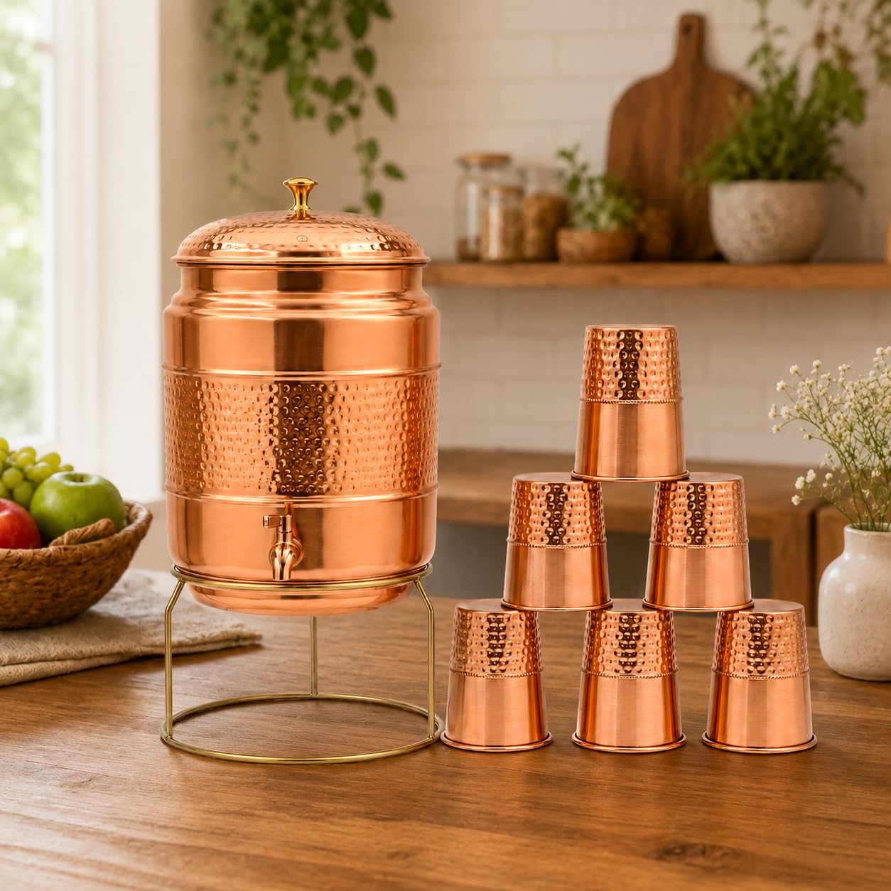 Pure Copper Hammered Water Dispenser with 5 Tumblers & Brass Tap | Handmade, with Stand, Traditional Design, Home & Office Use, Beverage Server Set-image-31