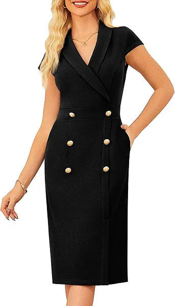 GRACE KARIN Women Work Bodycon Dresses 2025,Business Office Midi Cap Sleeve Button Pencil Formal Outfits with Pockets