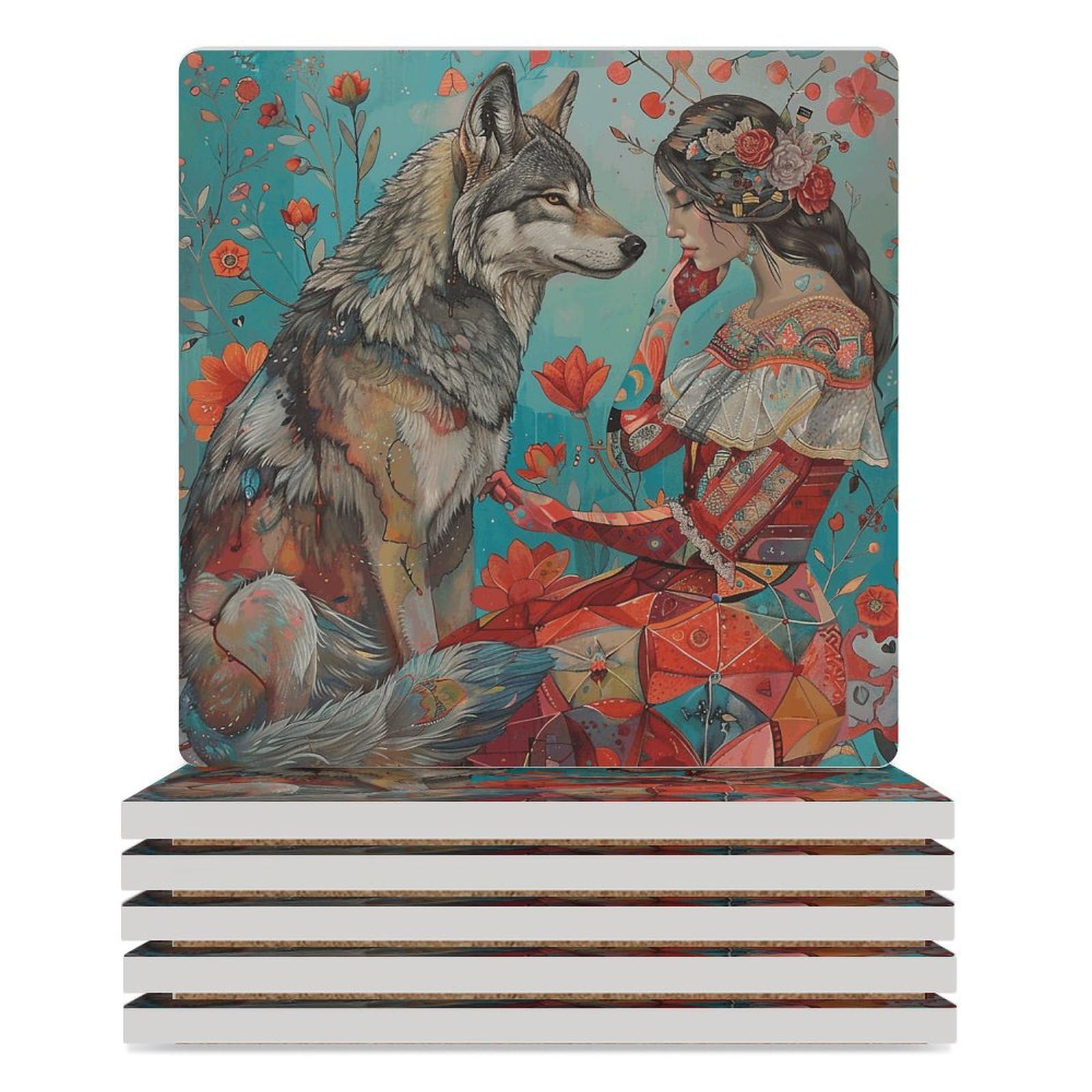 Sous-verres en céramique femme et loup pour sublimer vos apéritifs et tables de salon