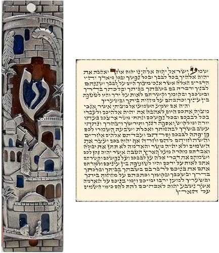 TALISMAN4U Carcasa judía MEZUZAH de esmalte plateado con pergamino Jerusalén Israel Judaica puerta Mezuza 4 pulgadas