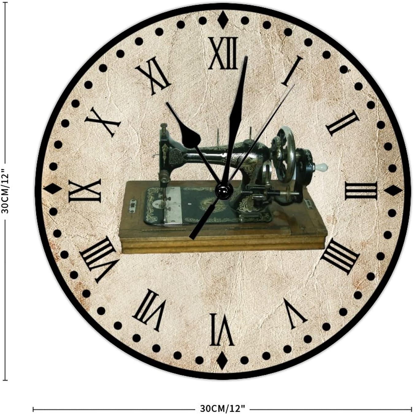 Sewing Machine Wall Clock Non Ticking Operated Wall Clocks Tailor Sewing Lovers Gift Wall Clocks Craft Room Decor Clock Retro Rustic Style 12inch Round Clock for Living Room Bedroom