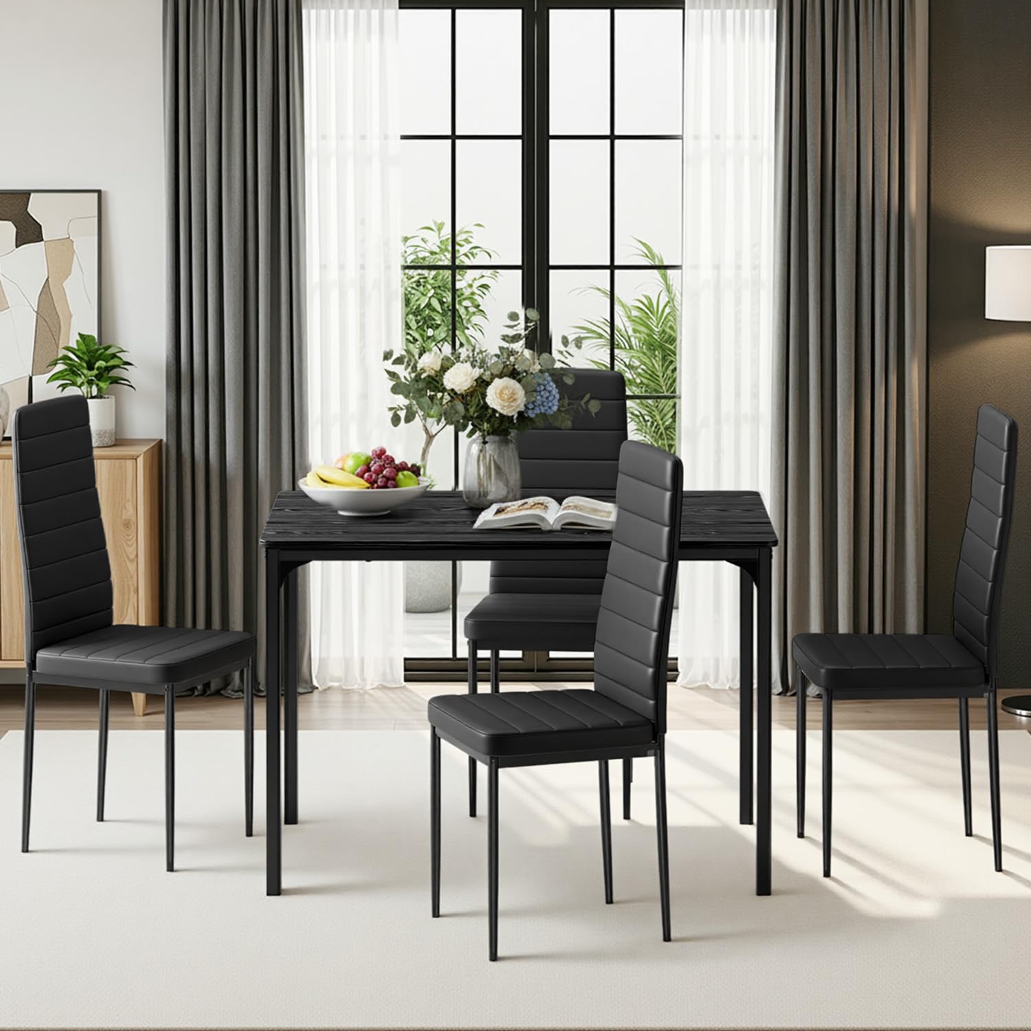 Table À Manger avec 4 Chaises, Ensemble Repas, Table De Cuisine avec Chaises, Similicuir Résistant Et Table Rectangulaire en Bois, pour Cuisine, Salle À Manger, Salon, Noir