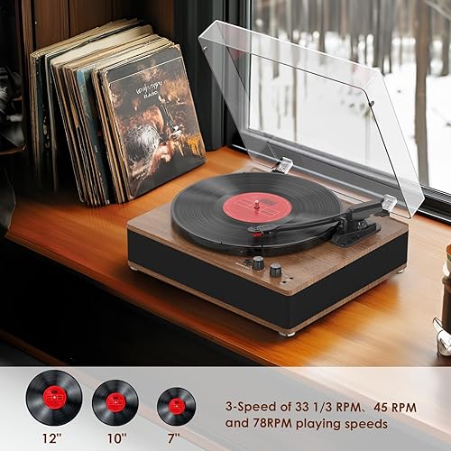 Miniatura 4 de Tocadiscos de vinilo de 3 velocidades, elegante plato giratorio Bluetooth de tamaño completo con entradasalida Bluetooth, altavoces integrados,