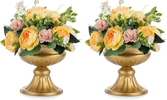 Nuptio Gold Vases for Centrepieces Wedding - 2 Pcs 16.4cm Height Metal Urn Vase Elegant Bulk Wedding Centerpieces for Tables - Small Flower Trumpet Vase Urns for Birthday Party Home Decorations