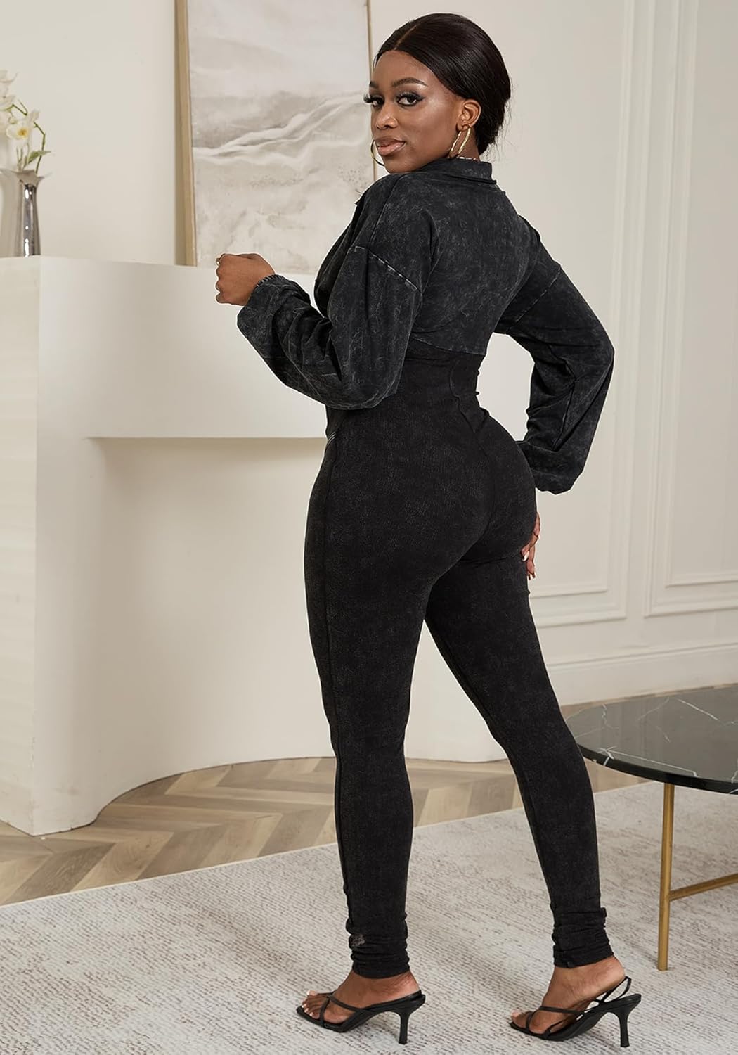 Womens Distressed Long Sleeve Jumpsuits Sexy Ribbed Patchwork Bodycon Long Rompers Casual One Piece Outfits - Image 6