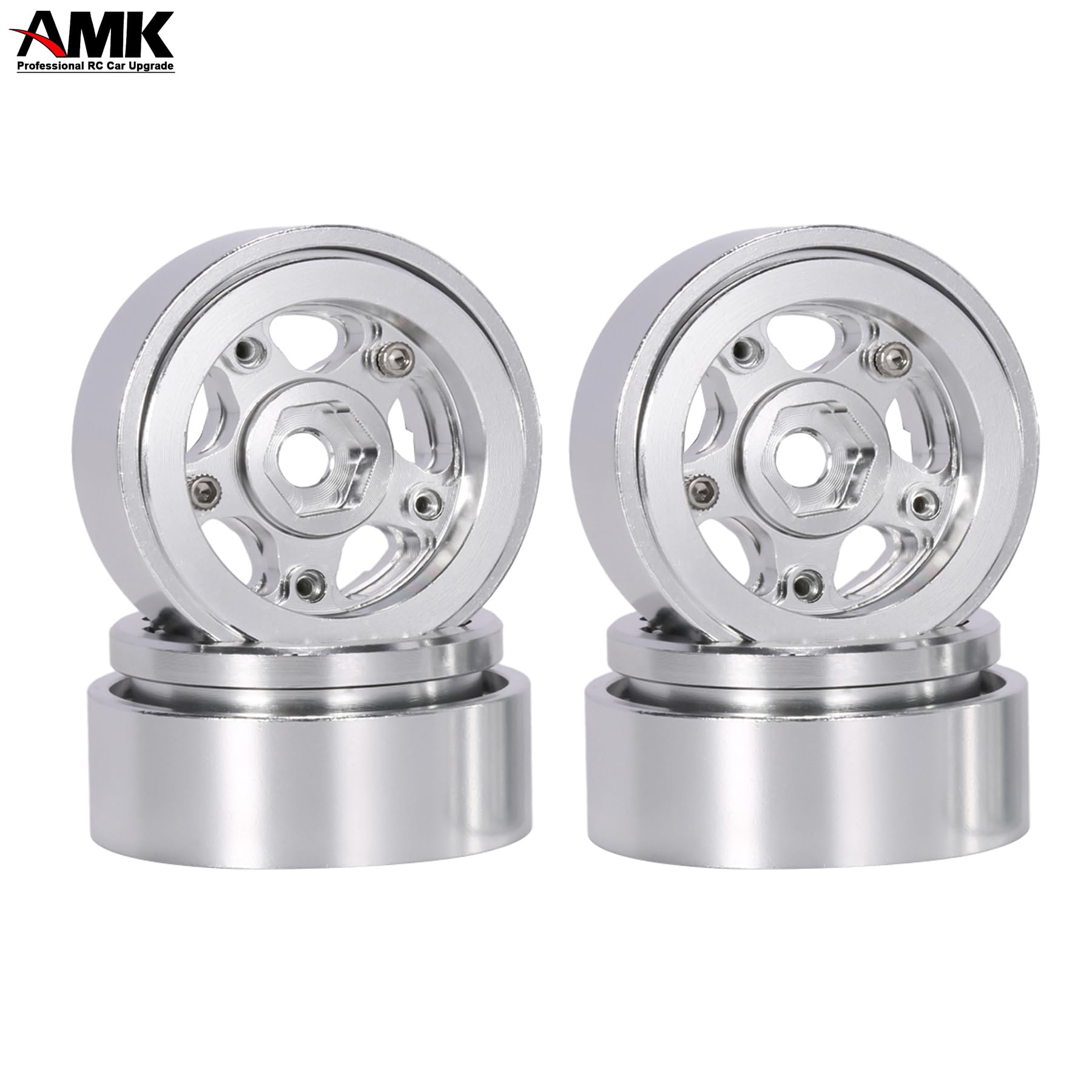 AMK SCX24 1.0 Beadlock Wheel and Tires, 25 * 50 * 20mm AT Tires, Aluminum Alloy 7mm Hex Hub 30 * 14.5mm Rim for 1/18 1/24 RC Crawler SCX24 AX24 FCX24 TRX4M Upgrades (Silver)