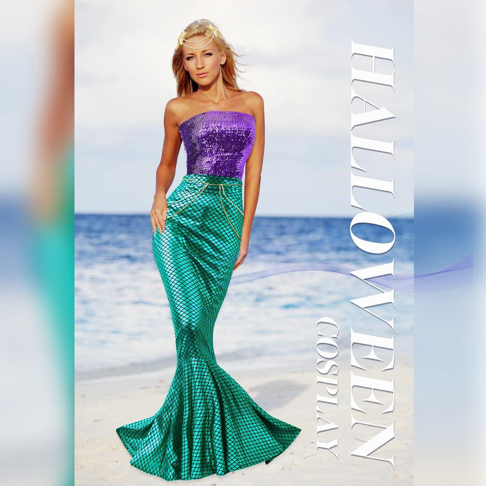 Newcotte 4 Pcs Mermaid Costume for Women Sequin Tube Top Skirt Pearl Waist and Head Chain for Halloween Cosplay