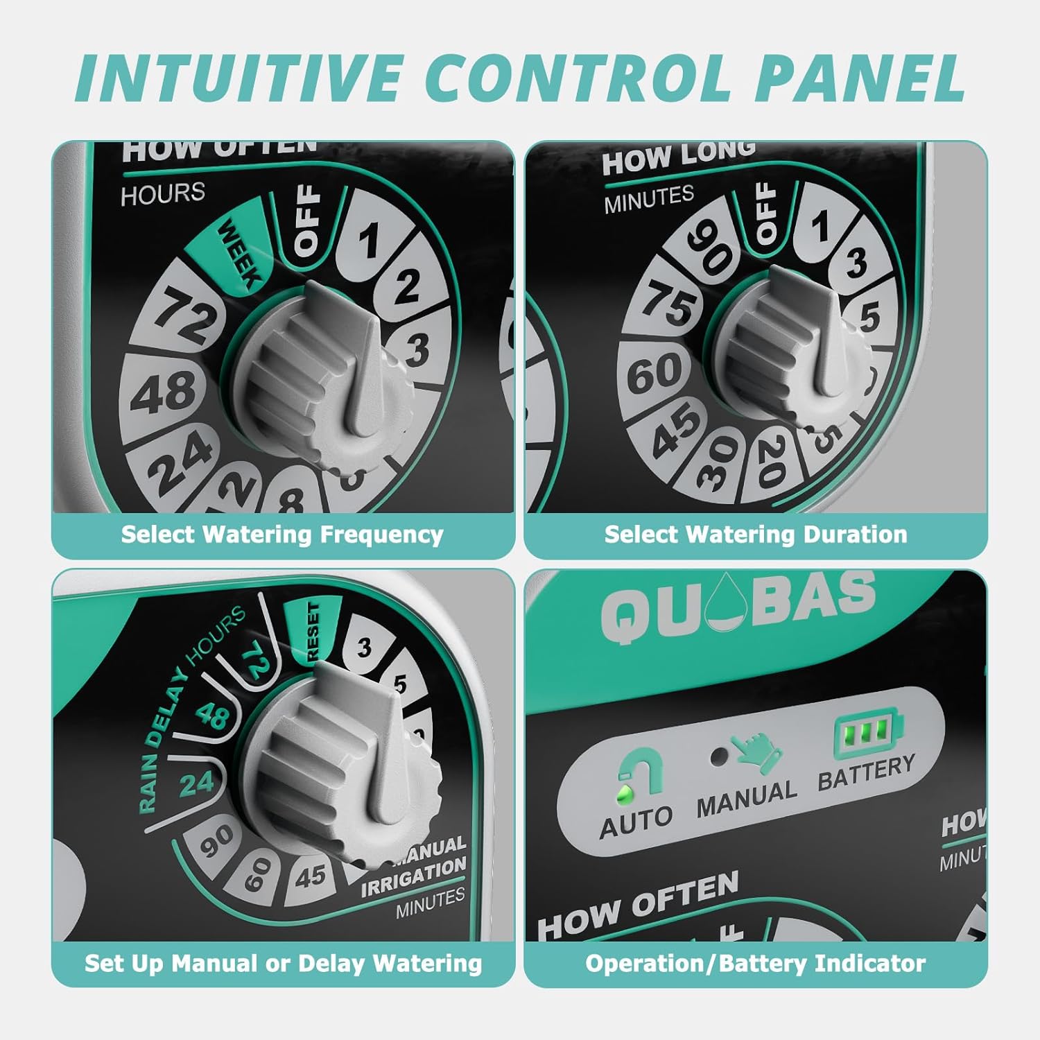 QUOBAS Mechanical Dial Hose Timer, Waterproof Sprinkler Timer with Rain Delay/Auto/Manual Modes for Drip Irrigation System, Pool, Lawn, Durable Metal Fittings, Easy Set 3-Dial Program, Battery Powered