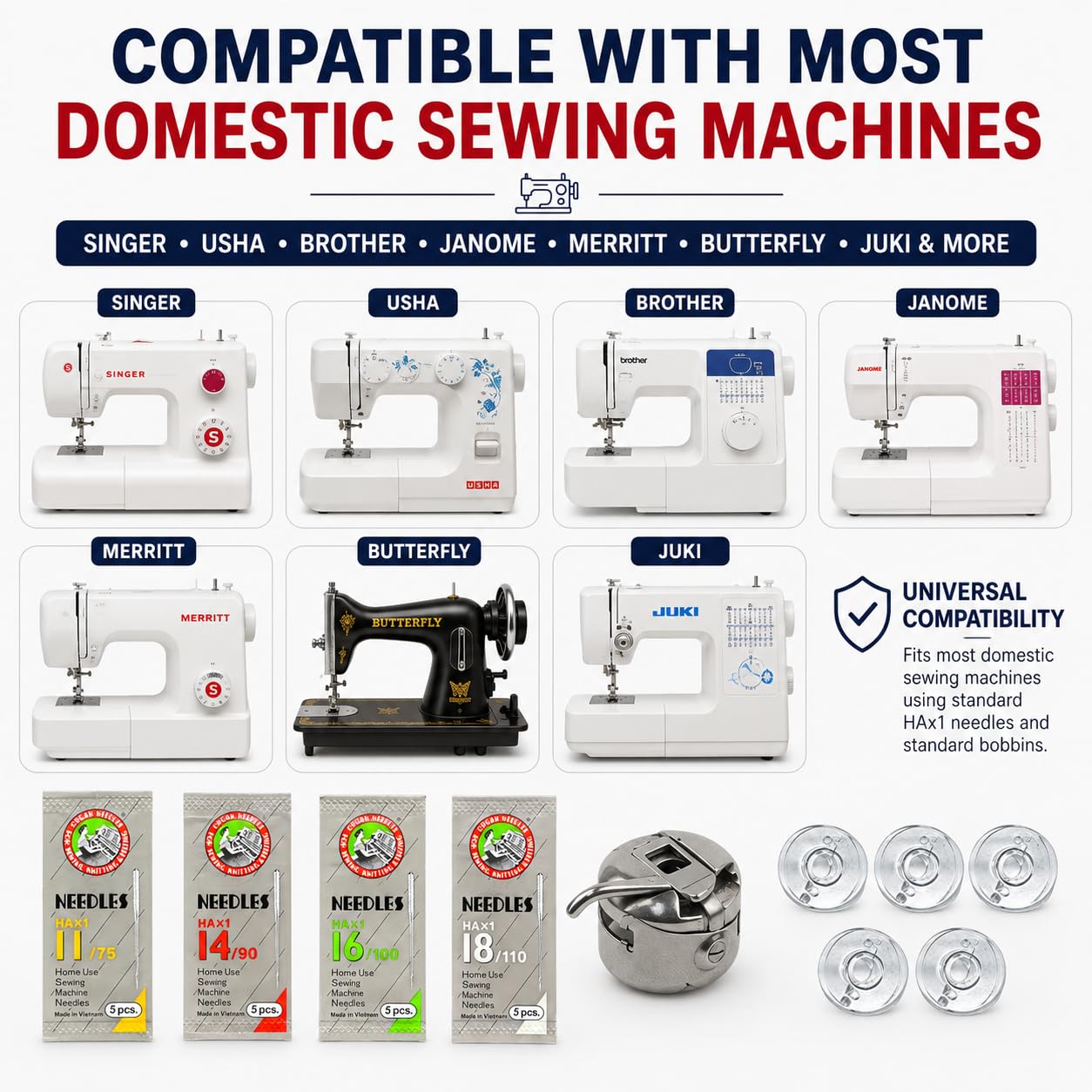 ZENITH Combo - HA 20 Needles Pack (Sizes 11, 14, 16, 18) + 1 Bobbin Case + 5 Transparent Plastic Bobbins | Compatible with Usha, Janome, Singer, Brother & Other Domestic Sewing Machines — Amazon image 3