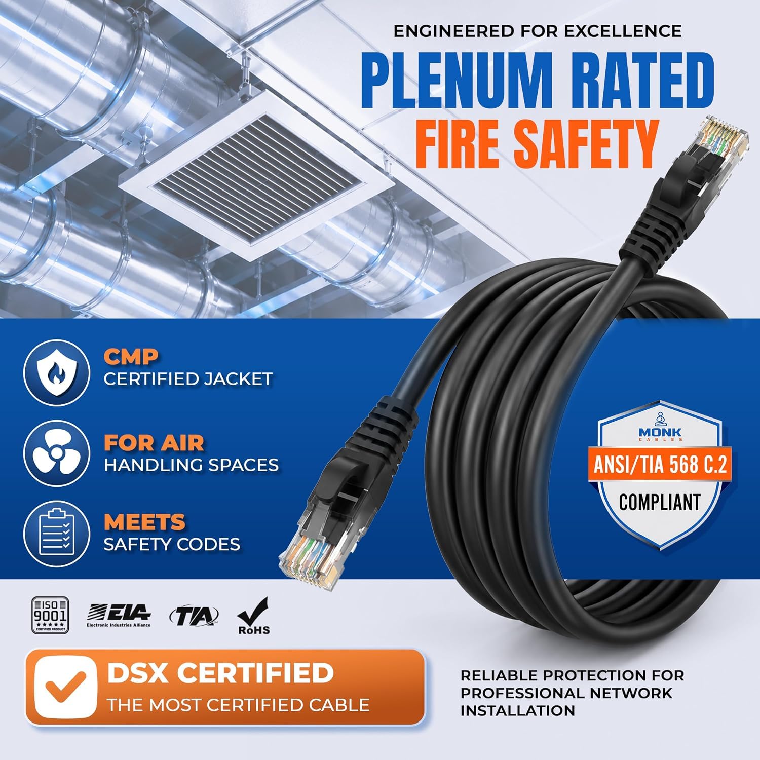 MONK CABLES | Câble Ethernet LAN CAT 6 de 30,5 m | Câble de raccordement CAT6 RJ45 | Noir