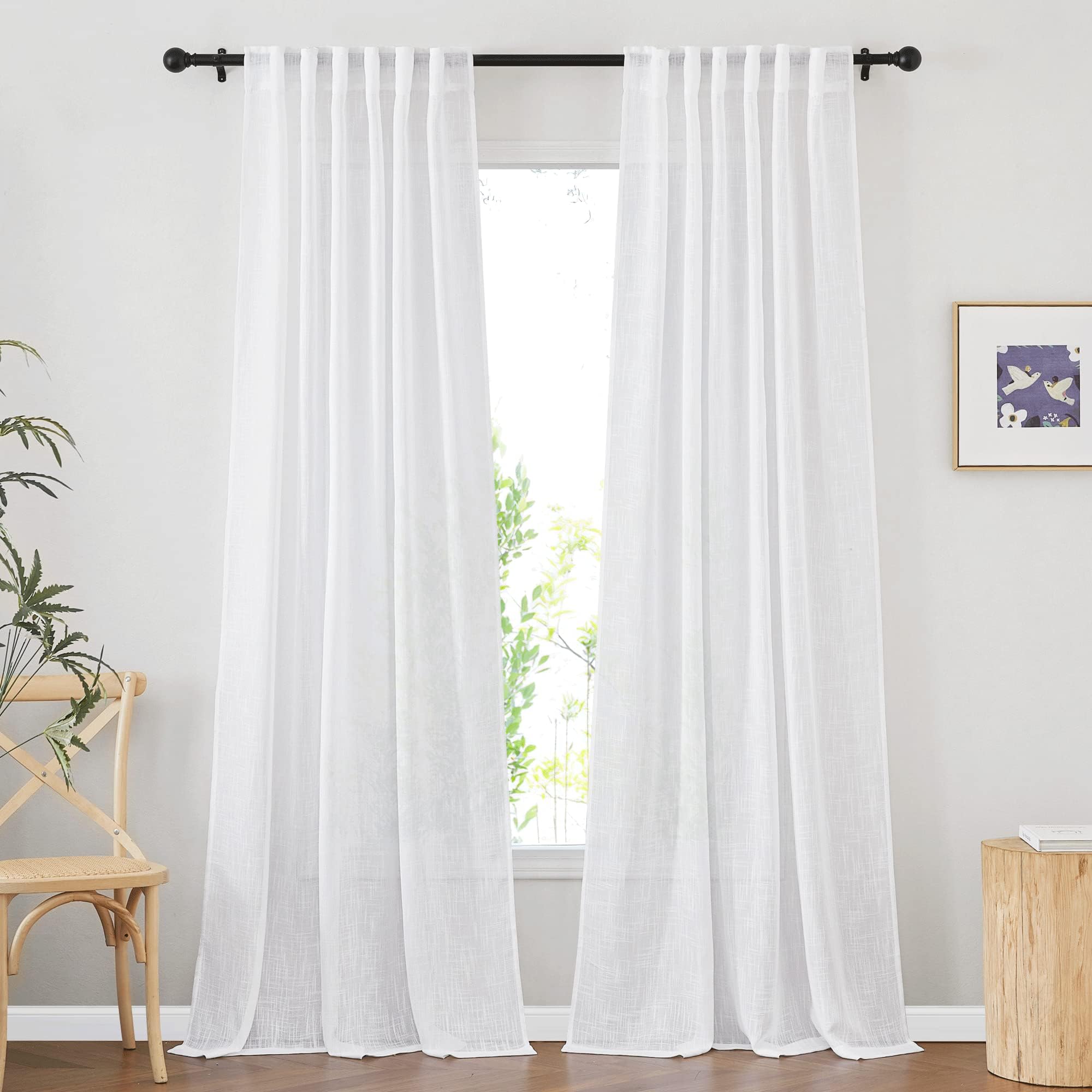 White Sheer Linen Curtains for Living Room, Rod Pocket & Back Tab Sweep to Floor Window Treatments Semi Sheer Drapes Privacy for Patio Door/Hall, 2 Panels, W52 x L95