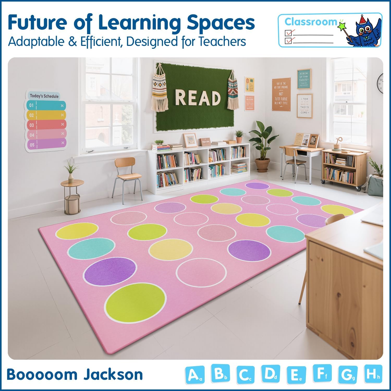 Booooom Jackson Pastel Classroom Rug Elementary, Large Pink Kid Rugs Fade-Resistant with 24 Seats Cute Circle Pattern Carpet Colorful Seating Rug for Preschool, Daycare 7'5''x13' Nylon Material