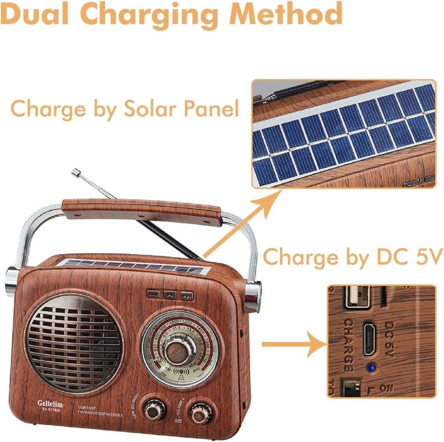 G Keni Tragbares Radio Retro, AM FM Shortable Radios mit bestem Empfang, kleines Vintage-Radios mit Bluetooth-Lautsprecher, wiederaufladbar/Solar/Batterie
