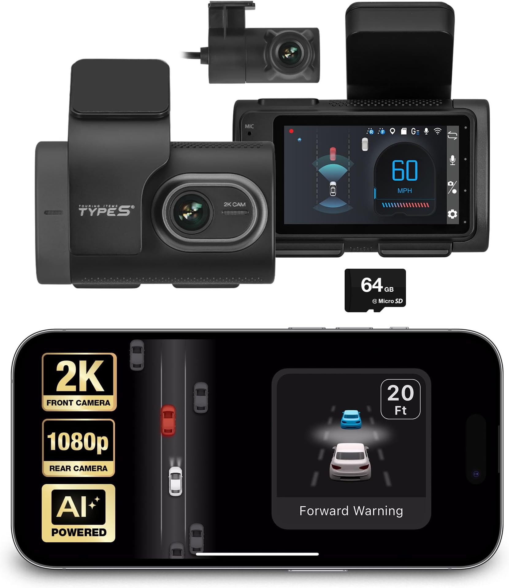 Type S T200 AI Driver Assistance Dash Cam Powered by ADAS, 1440p, Collision Alerts, Lane and Pedestrian Detection, Vehicle Departure Reminders, Front Rear 2 Channel Smart 24/7 Video Surveillance