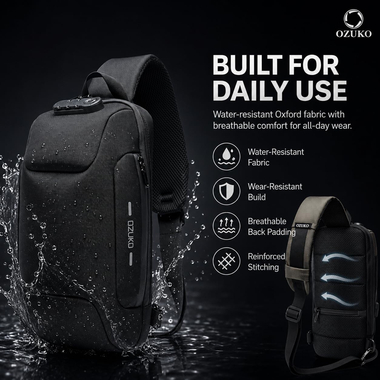 OZUKO Lässige Schultertasche, Umhängetasche, wasserdicht, Crossbody-Tasche, Brusttasche, für Herren, Sport, Fitness, Brusttasche, mit USB-Ladeanschluss