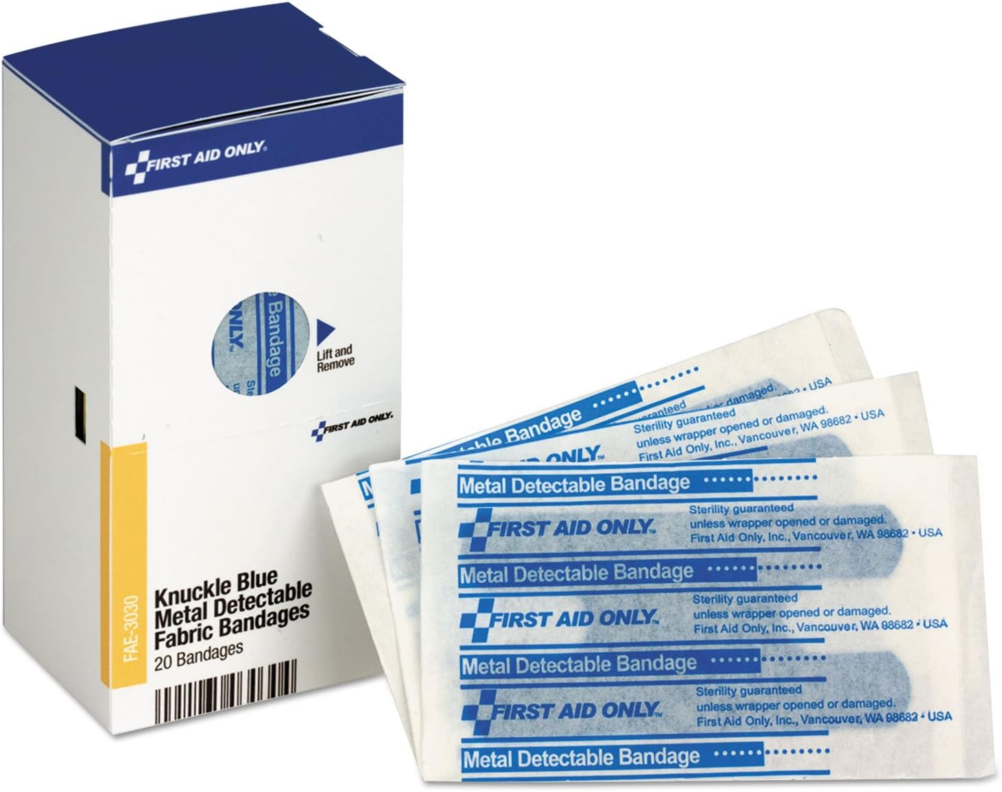 First Aid Only FAE-3030 SmartCompliance Refill Blue Metal Detectable Knuckle Bandages, 20 Count
