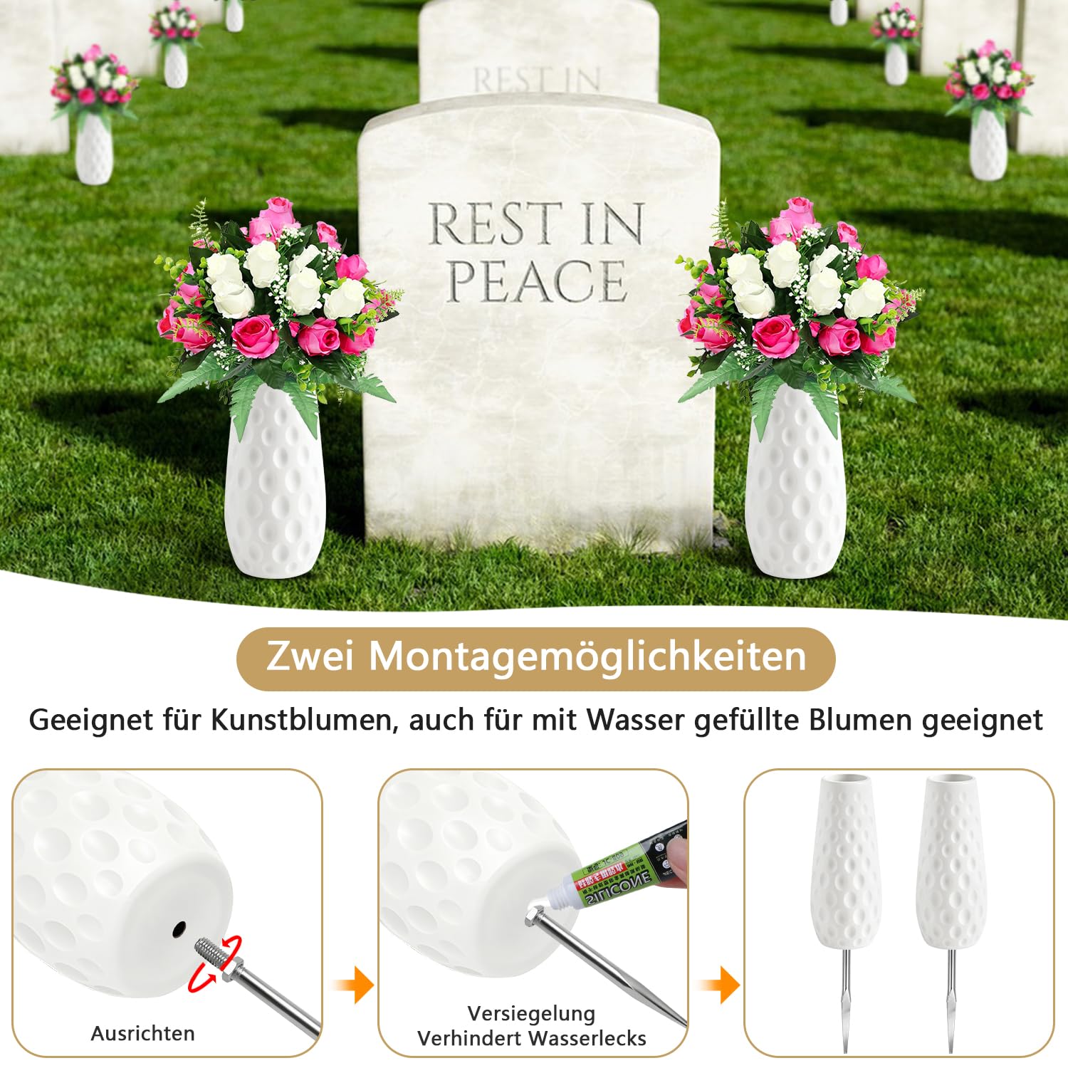 Grabvase mit Erdspieß 2Stk Grabvasen zum Stecken Friedhofsvase Einsatz Grabvase mit Sockel Vaseneinsatz Friedhof Friedhofsvasen Kunststoff Gedenkvasen für Gedenkgeschenke Grabdekoration