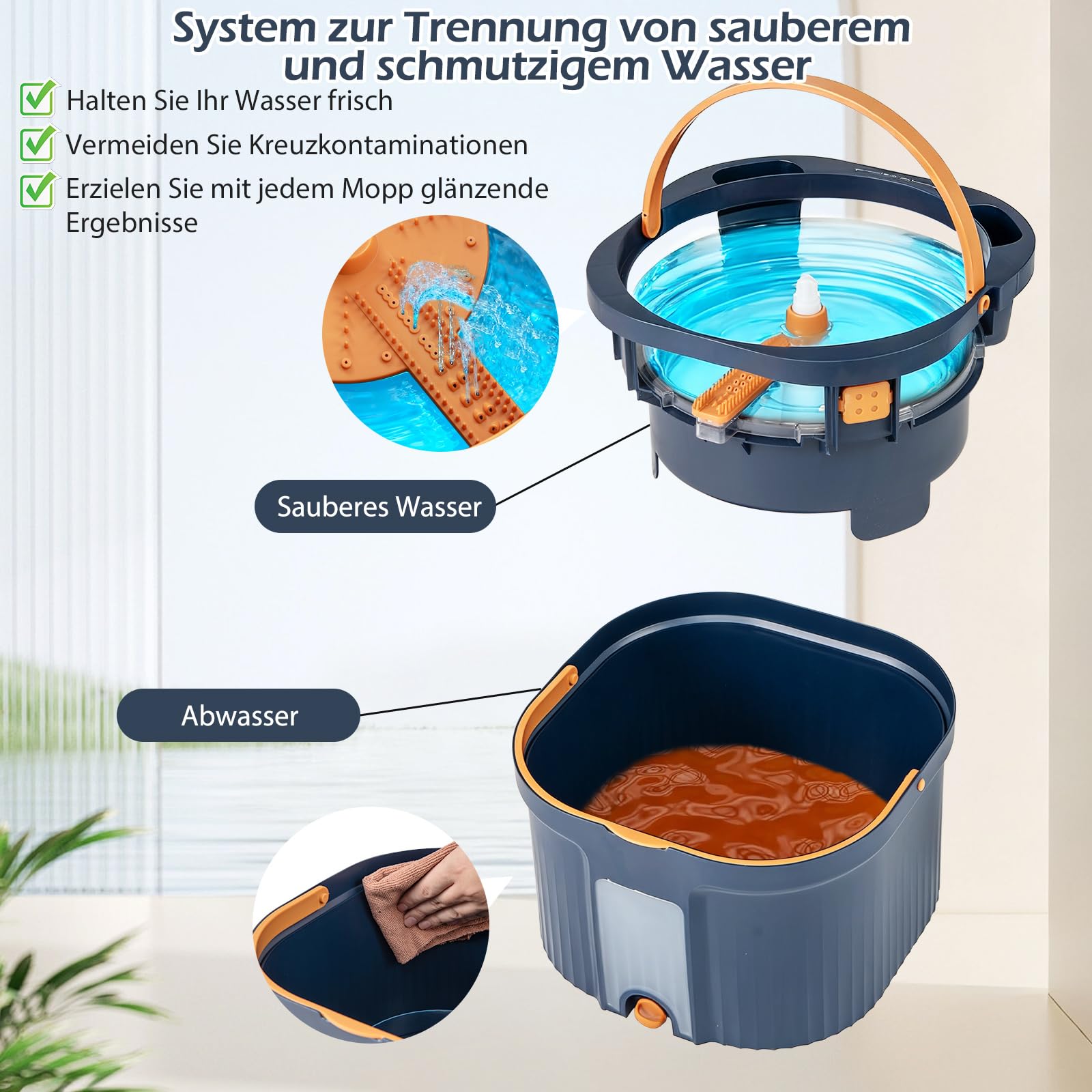 COSTWAY Mop i system wiadra z funkcją wykręcania, separacja ścieków, obrotowa głowica mopa 360° i 2 podkładki z mikrofibry, płaska wycieraczka podłogowa do czyszczenia na mokro i sucho (niebieski)