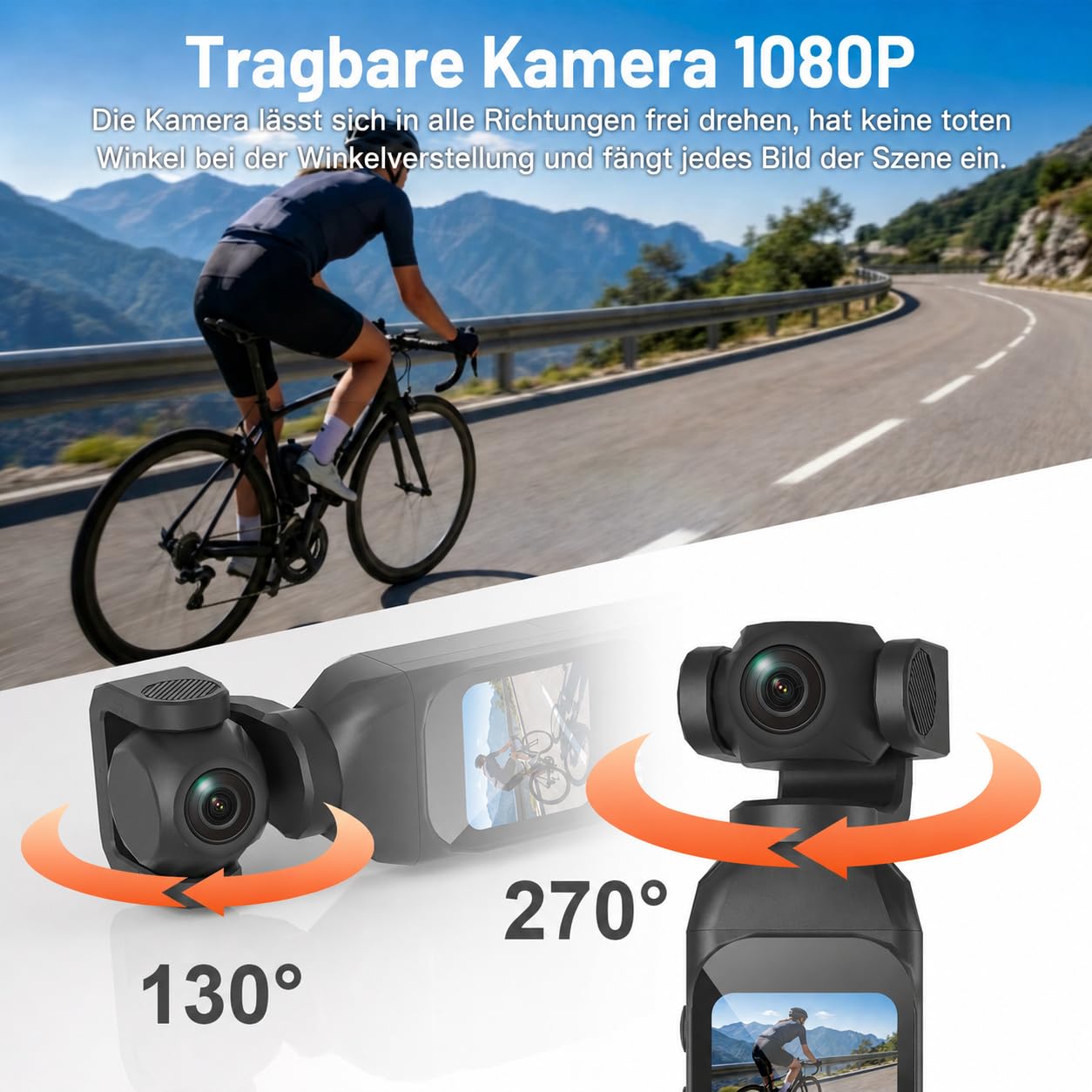 Vlog Kamera 1080P, Digitalkamera mit Drehobjektiv und Touchscreen | 130°/270° schwenkbares Objektiv, 14 Std. Aufnahmezeit, Ladegriff und 64GB Karte. Ideal für Reisen, Vlogs und Outdoor.