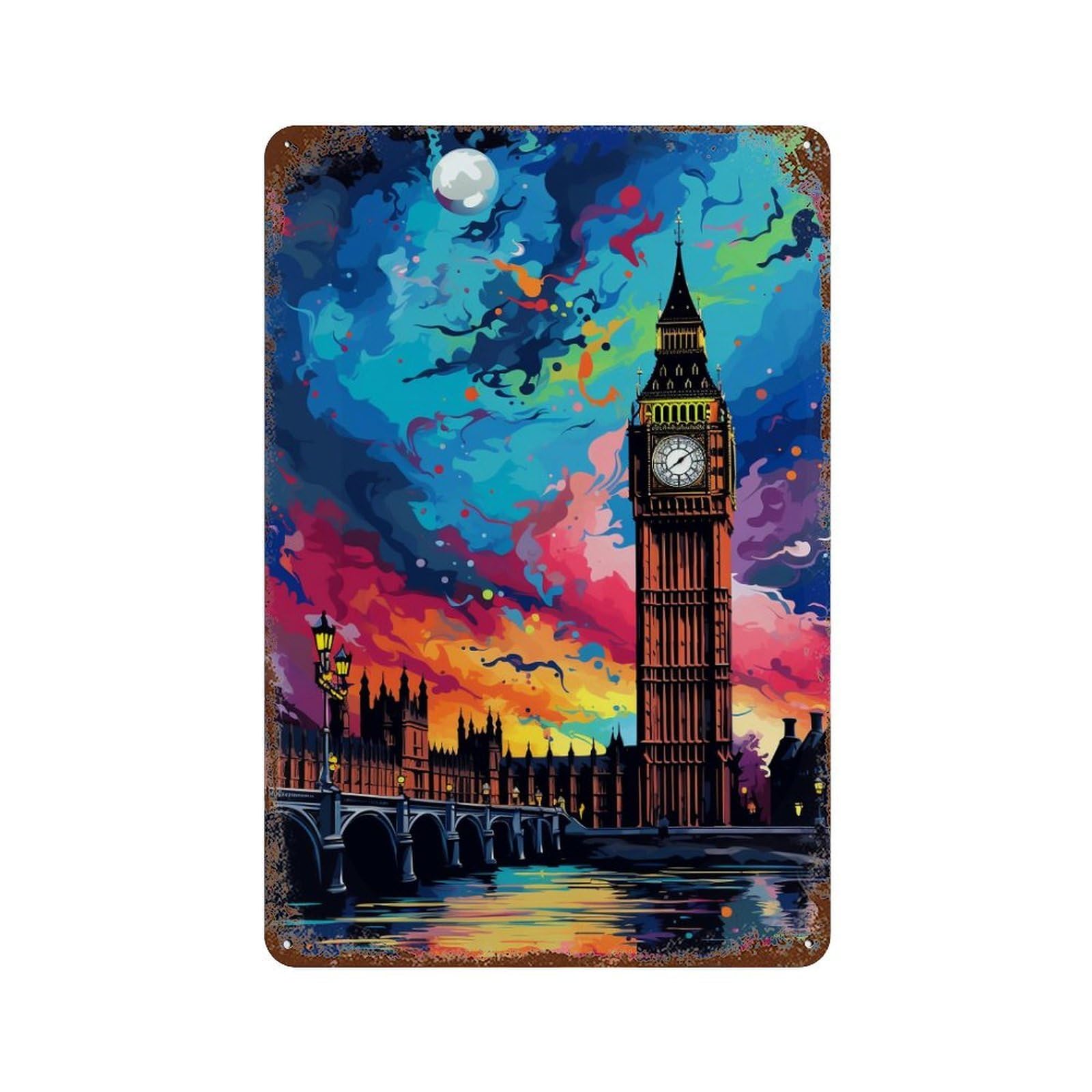 Garage Style London Nightscape with Big Ben Distressed Metal Wall Sign 11.8"x7.9", Rustic Home Decor for Bar And Workshop