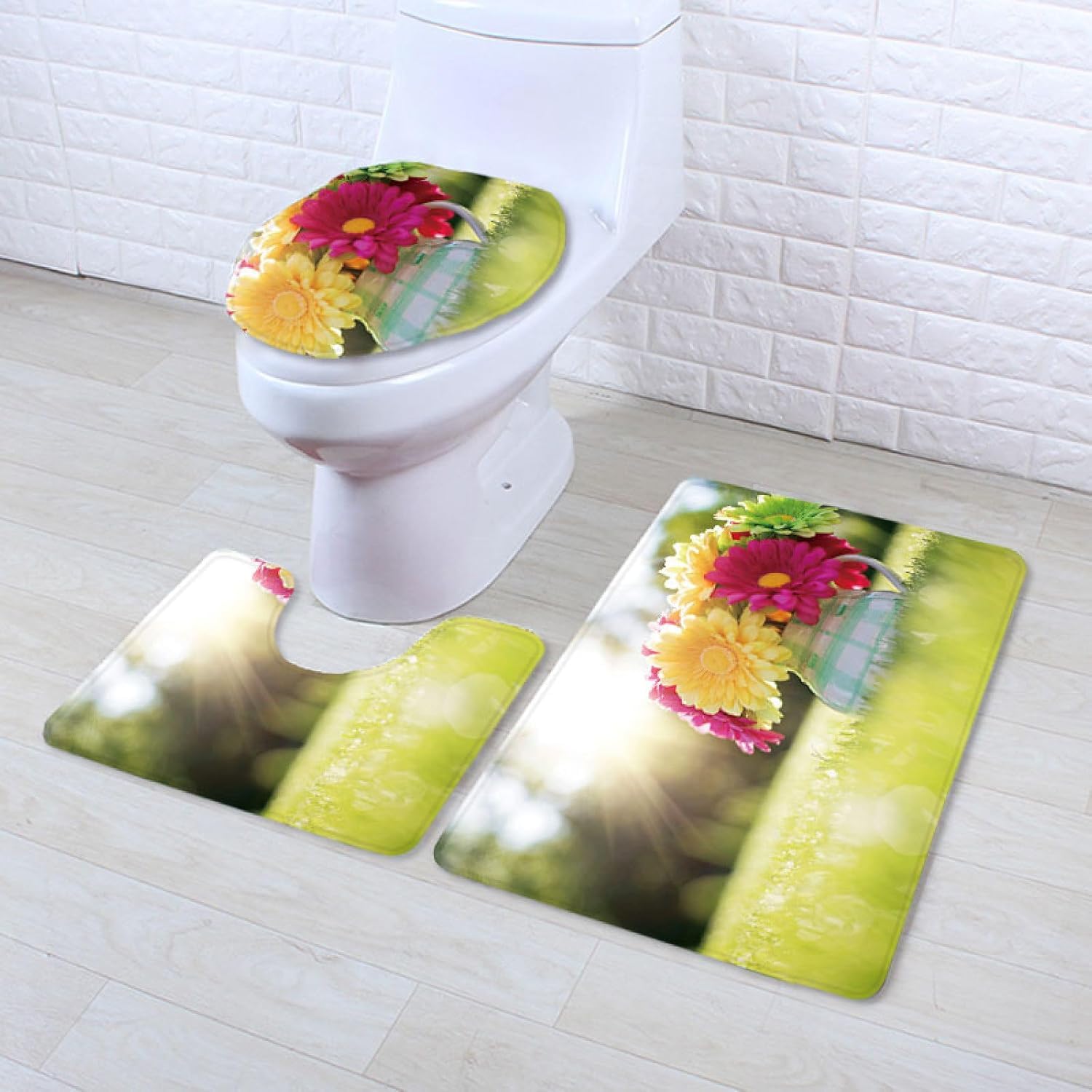 Set di tappetini da Bagno 3 Pezzi Verde Sole Fiore Antiscivolo per Bagno Tappeto Lavabile in Memory Foam Tappeto copriwater tappetini a Forma di U 50x80 cm