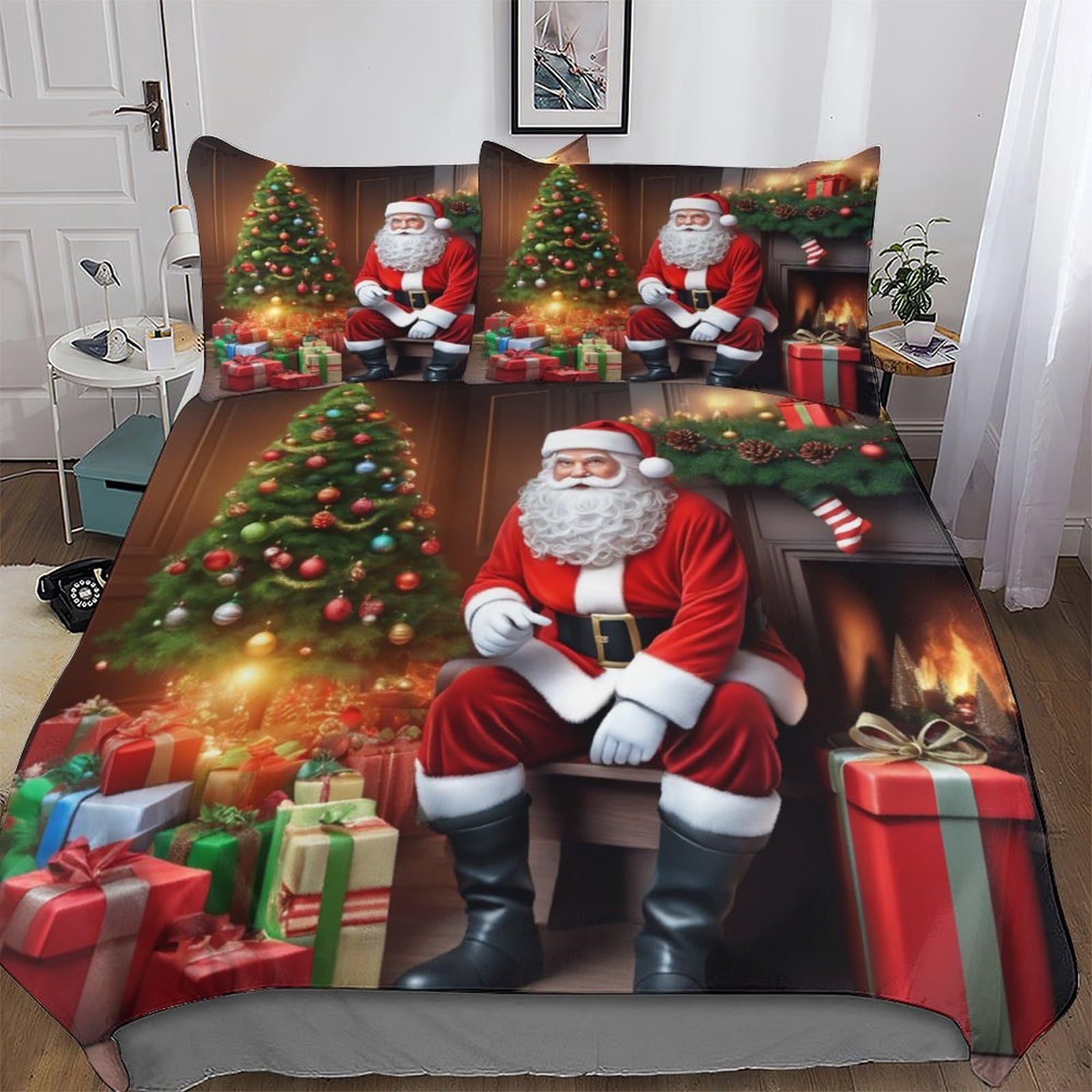 GGJJTT Santa Claus Duvet Cover Set Microfibre Soft Quilt Covers 3 Pieces Bedding Cover with Pillowcase For Boys, Girls And Teenagers Double 200x200cm