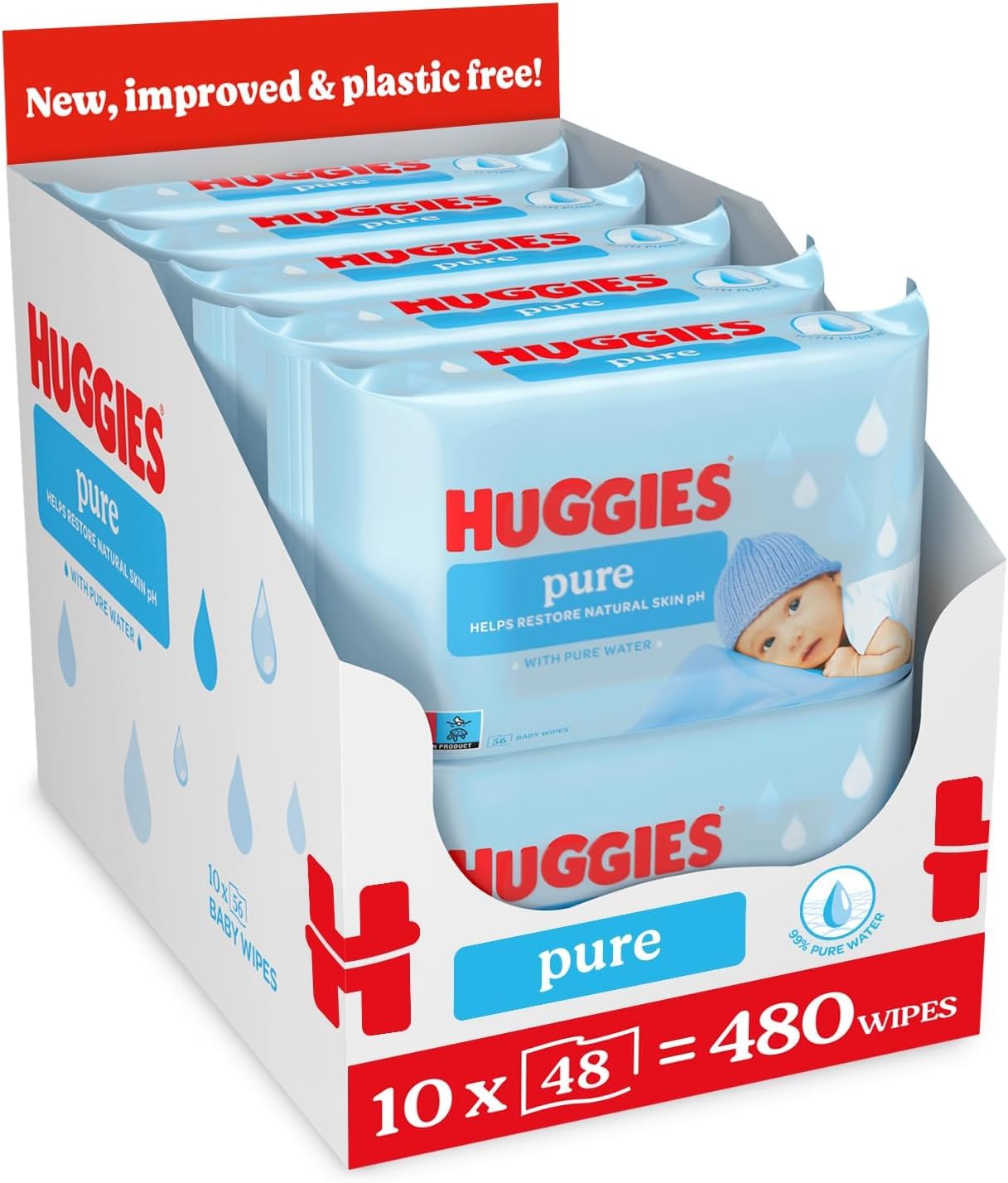 Huggies Pure Plastic Free Baby Wipes - Pack of 10 (480 Wipes) â€“ 99% Water Wet Wipes, Fragrance Free, Hypoallergenic, Better Cleaning, Soft and Gentle on Babies' Delicate Skin