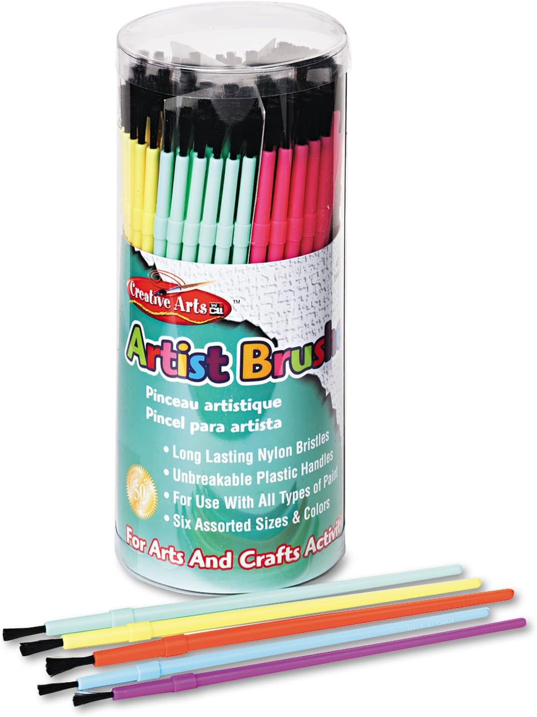 Charles Leonard Creative Arts Artist Paint Brushes, Plastic Handles with Nylon Bristles, 6 Assorted Sizes and Colors, 144-Pack Tub (73344)