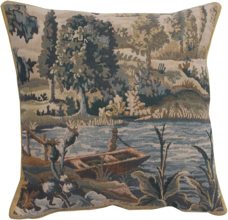 C Charlotte Home Furnishings Inc Paysage Flamand Bateau Square Throw Pillow Cover - 17 X 17 Decorative Boho Cushion Case for European Cotton Room Decor Jacquard Belgian Woven Cushion for Living Room