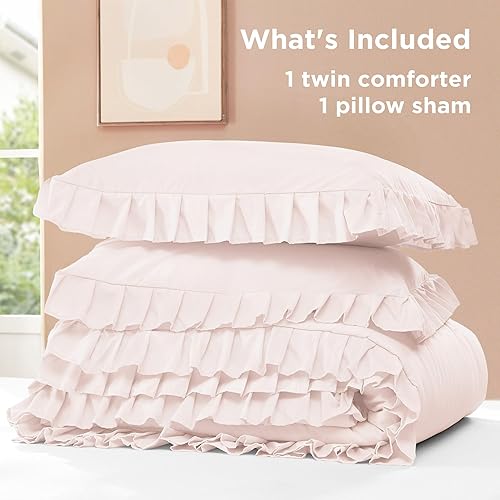 Miniatura 116 de Litanika Juego de edredón Queen de 3 piezas, color rosa rubor, para niñas y mujeres, con volantes, lindos edredones y juegos de ropa de cama, 02