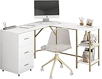 Techni Mobili L-Shaped Desk: Modern Two-Toned Computer Desk with Drawers, Shelves & Gold Accents for Home Office