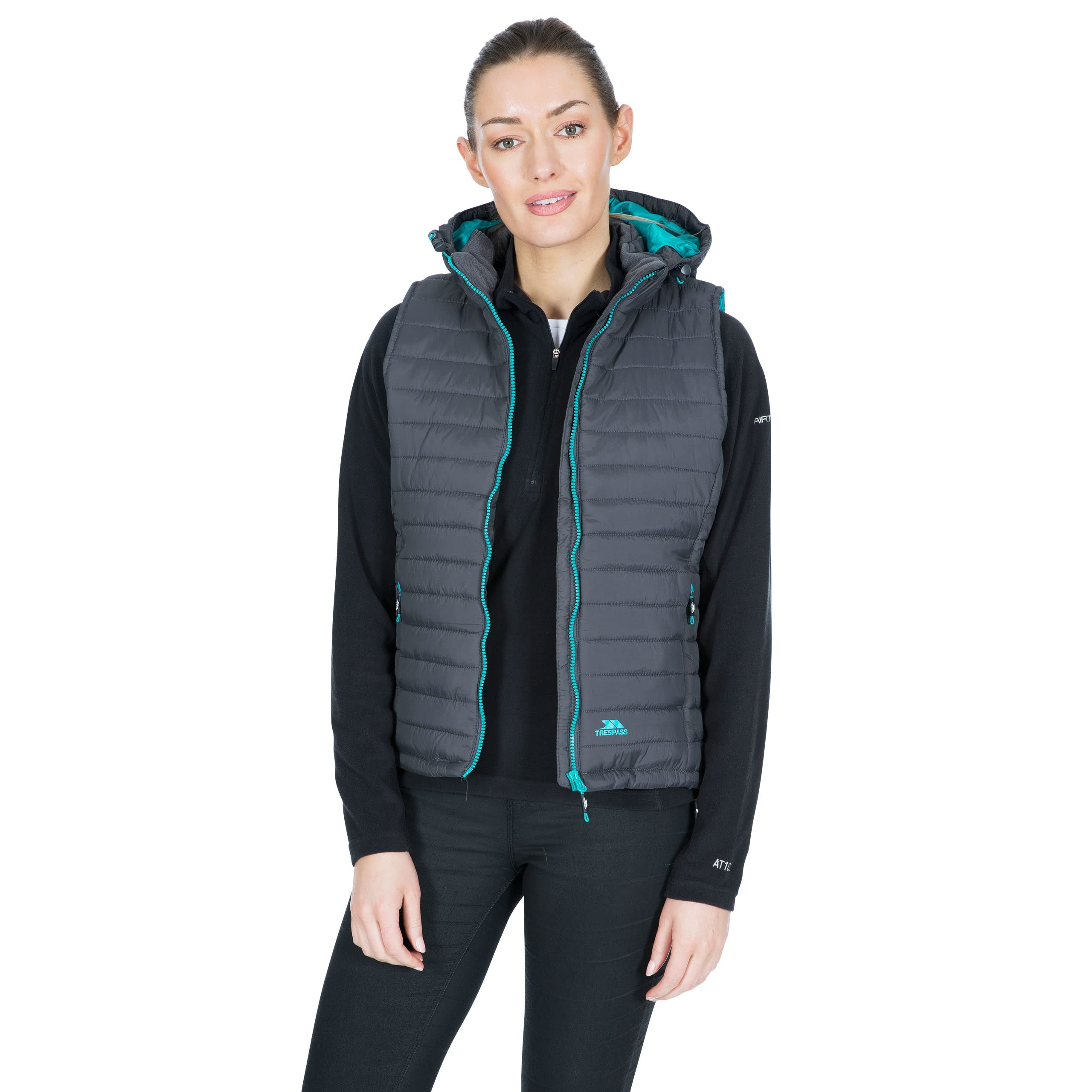 Trespass Gilet Femme Aretha-2 - Poches Zippées Discrètes, Réglages Bas, Rabat Intérieur, Légère Ouate, Coutures Matelassées, Doublure Contrastée, Capuche Amovible.