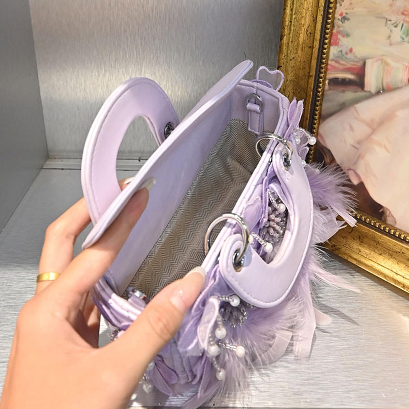 Bolso cruzado de encaje con plumas y cuentas, correa de hombro ajustable, bolso de mano de piel sintética para mujer, fiesta, citas, uso diario, bolsa cuadrada con correa ajustable