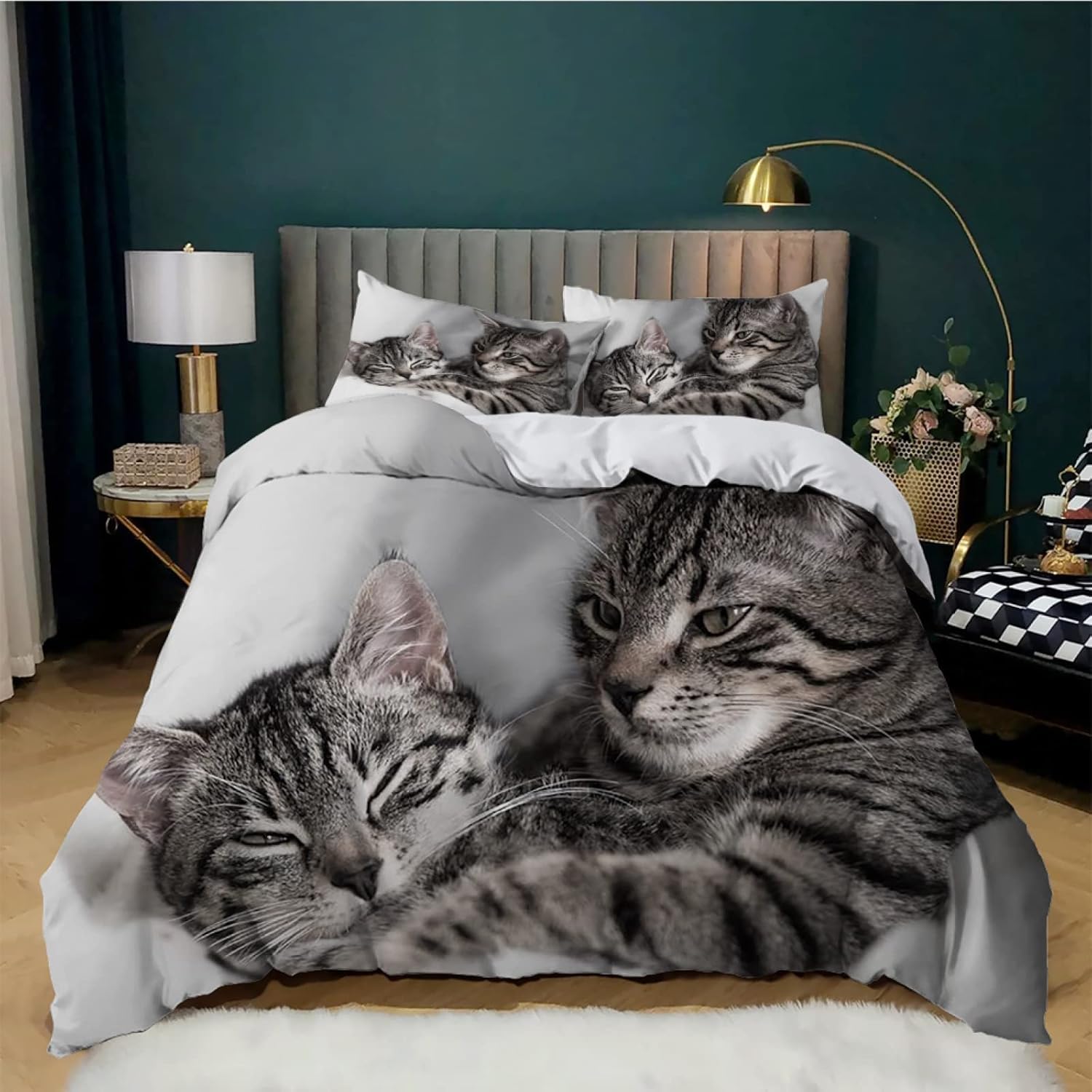 ZZXHG Single Bedding Sets Kids Grey Tabby Cat, Soft Microfiber Duvet Cover Single Bed Sets with Zipper and Corner Tie, Easy Care Reversible Quilt Covers + 2 Pillowcases 50x75-135x200 cm
