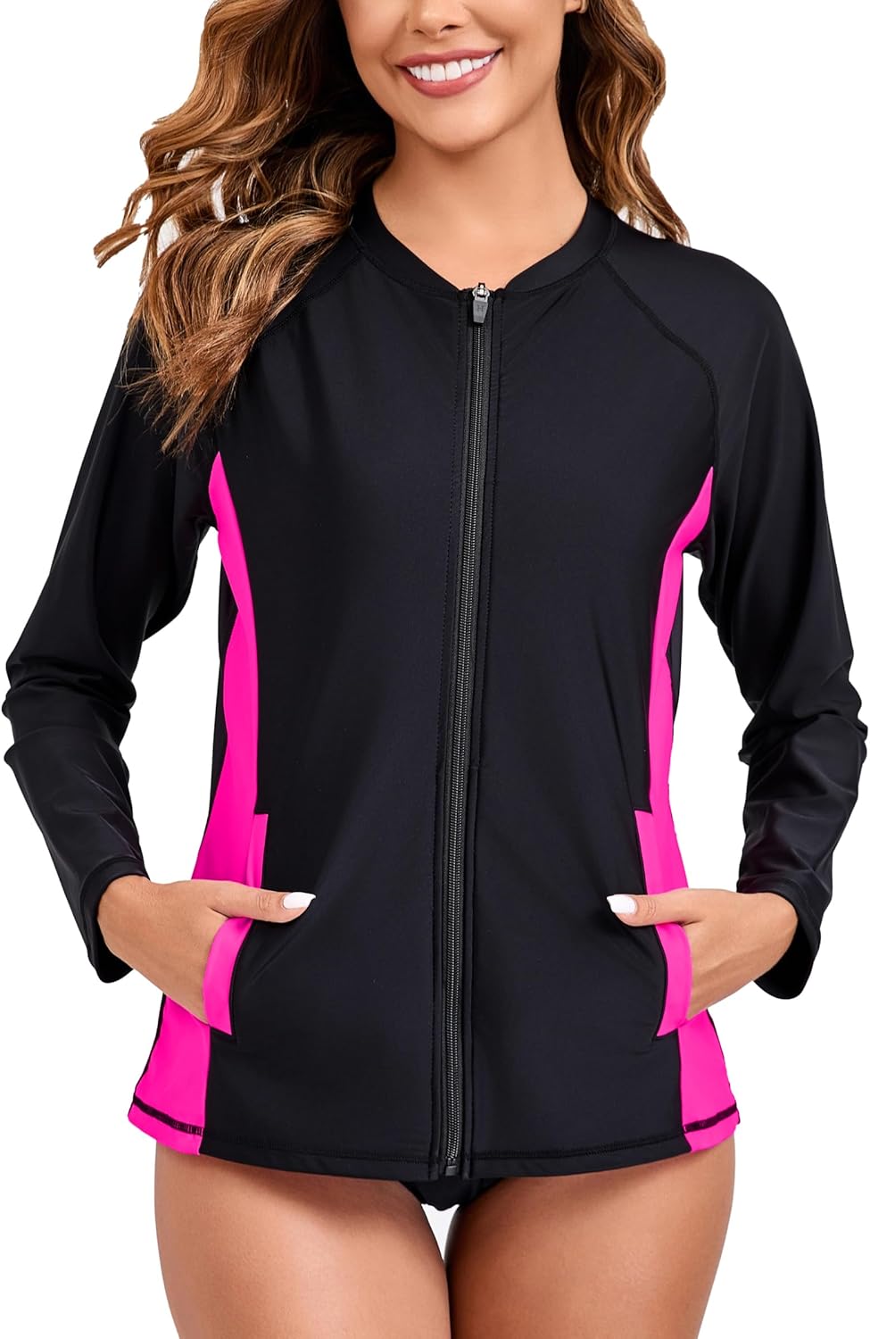 Halcurt Women's Full Zip Long Sleeve Rash Guard Swim Top with Pockets UPF50+ Quick Dry Swimsuit