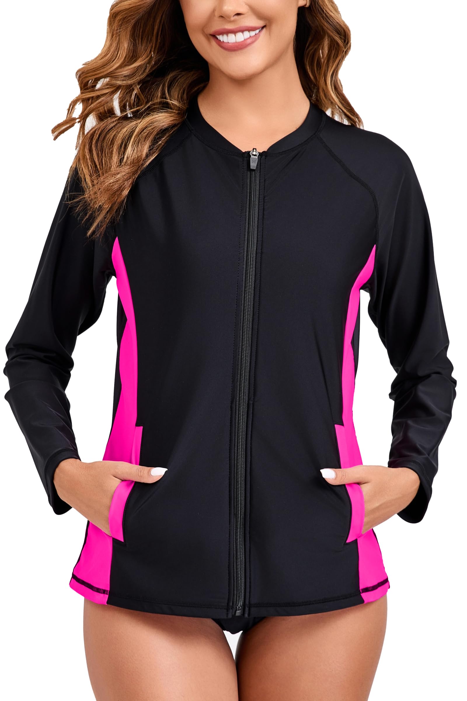 Halcurt Women's Full Zip Long Sleeve Rash Guard Swim Top with Pockets UPF50+ Quick Dry Swimsuit