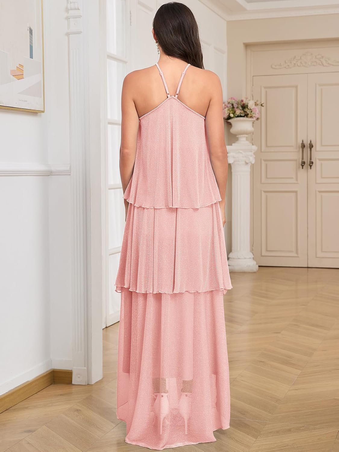 AISWI Maternity Halter Neck Maxi Dress Sparkly Mesh Tiered Ruffle Pregnancy Gown with Flower for Baby Shower Photoshoot