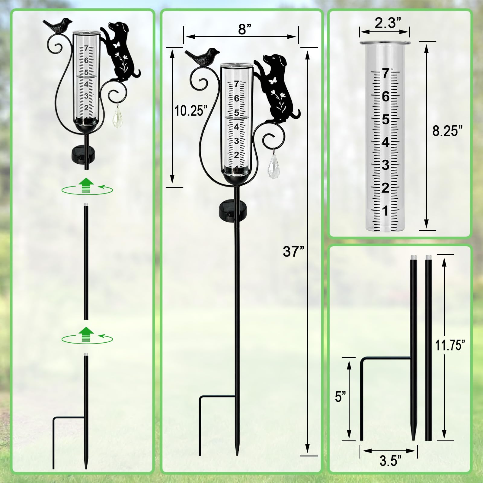 Pluviometro per esterni con grande scala numerica, a energia solare, decorativo, per cani e uccelli, per esterni, cortile, prato, sentiero