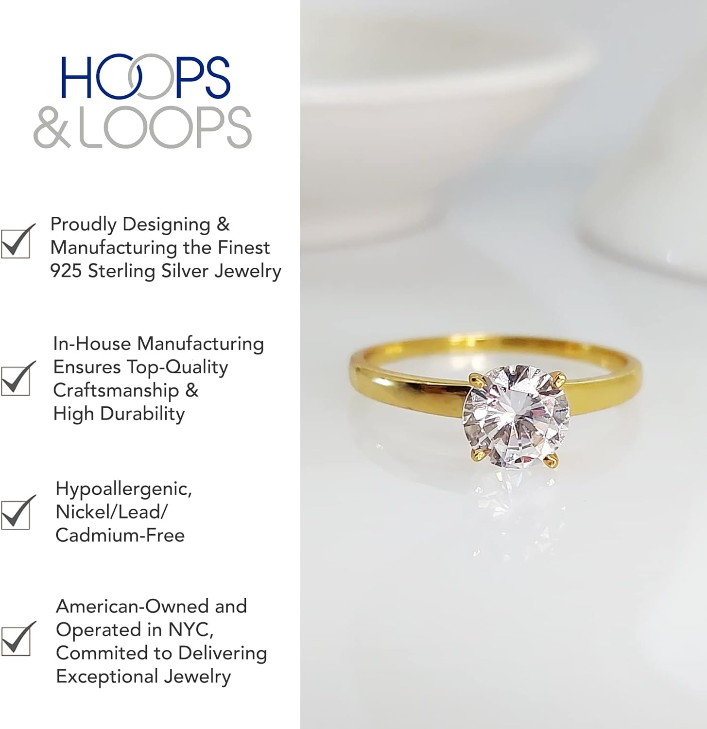 Hoops & Loops 925 Sterling Silver 1.0-3.0 Carats Round Brilliant Cut Cubic Zirconia Solitaire Engagement Bridal Wedding Statement Band Ring for Women, Silver & Yellow Gold Flashed Sterling Silver