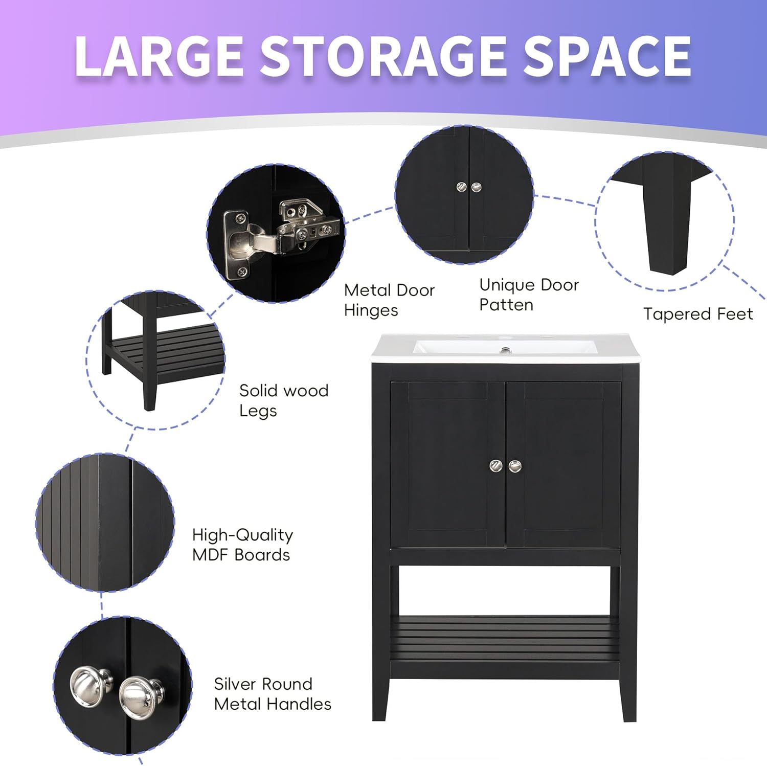 Bellemave 24" Bathroom Vanity with Ceramic Basin Sink, Combo Cabinet Under-Mount Sink, Bathroom Storage Cabinet with 2 Doors and Open Style Shelf for Bathroom No Mirror (Black)
