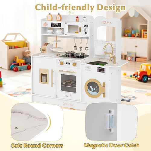 Miniatura 7 de HONEY JOY Juego de cocina, juego de cocina de juguete de madera con cafetera, tostadora de 2 rebanadas, microondas, horno, soporte para pasteles,