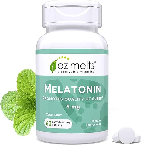 EZ Melts Melatonina - Suplemento de apoyo para el sueño - Sin sabores artificiales - Sin OMG y sin azúcar - Menta fresca - 60 tabletas solubles (60