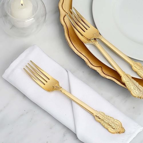 Efavormart - Juego de 24 tenedores de plástico desechables barrocos dorados metálicos de 8 pulgadas para bodas, fiestas, banquetes, eventos, bufé de